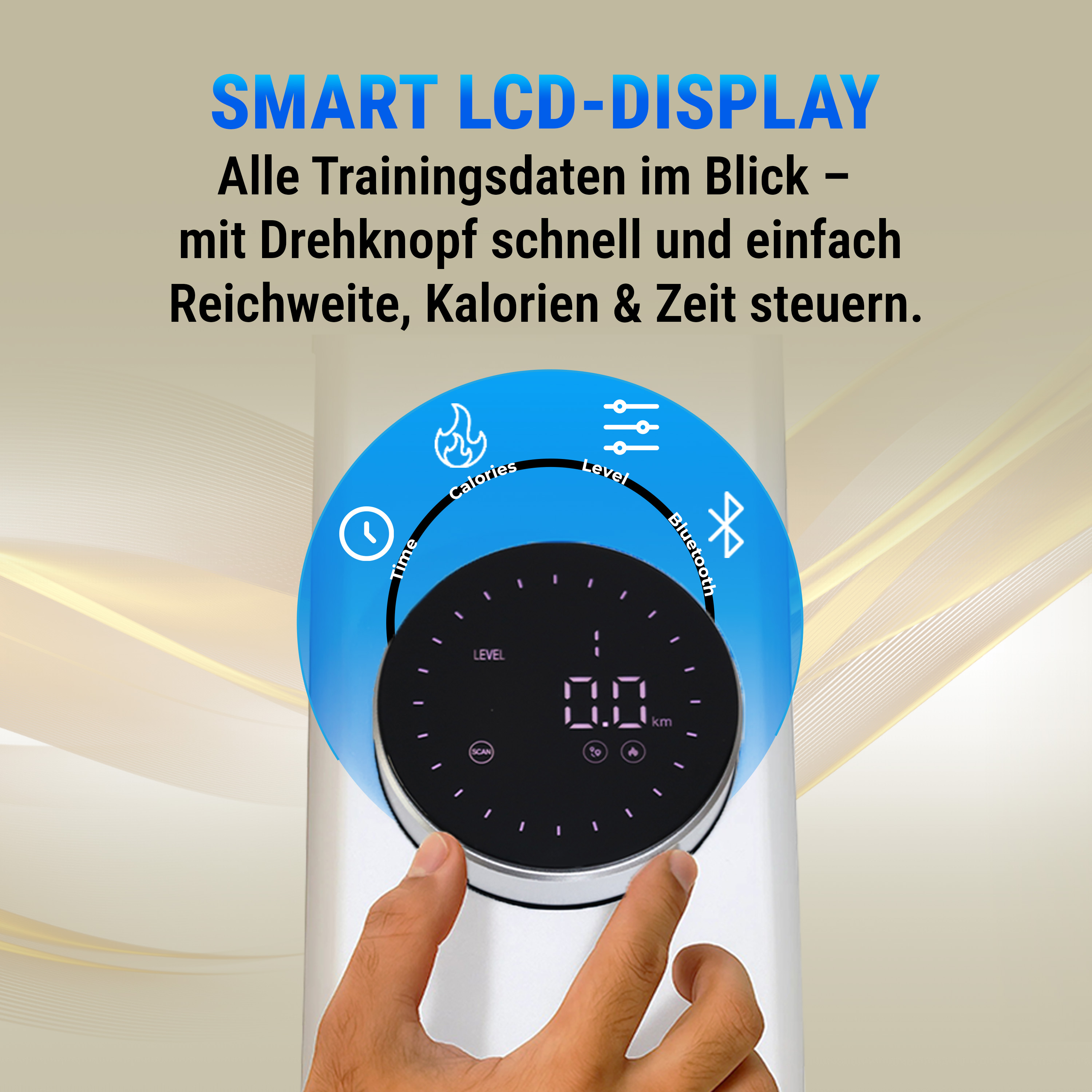 Hand stellt Smart-LCD-Anzeige ein. Sie zeigt Zeit, Kalorien, Level und Bluetooth. Die Anzeige zeigt 0,0 km und Level.