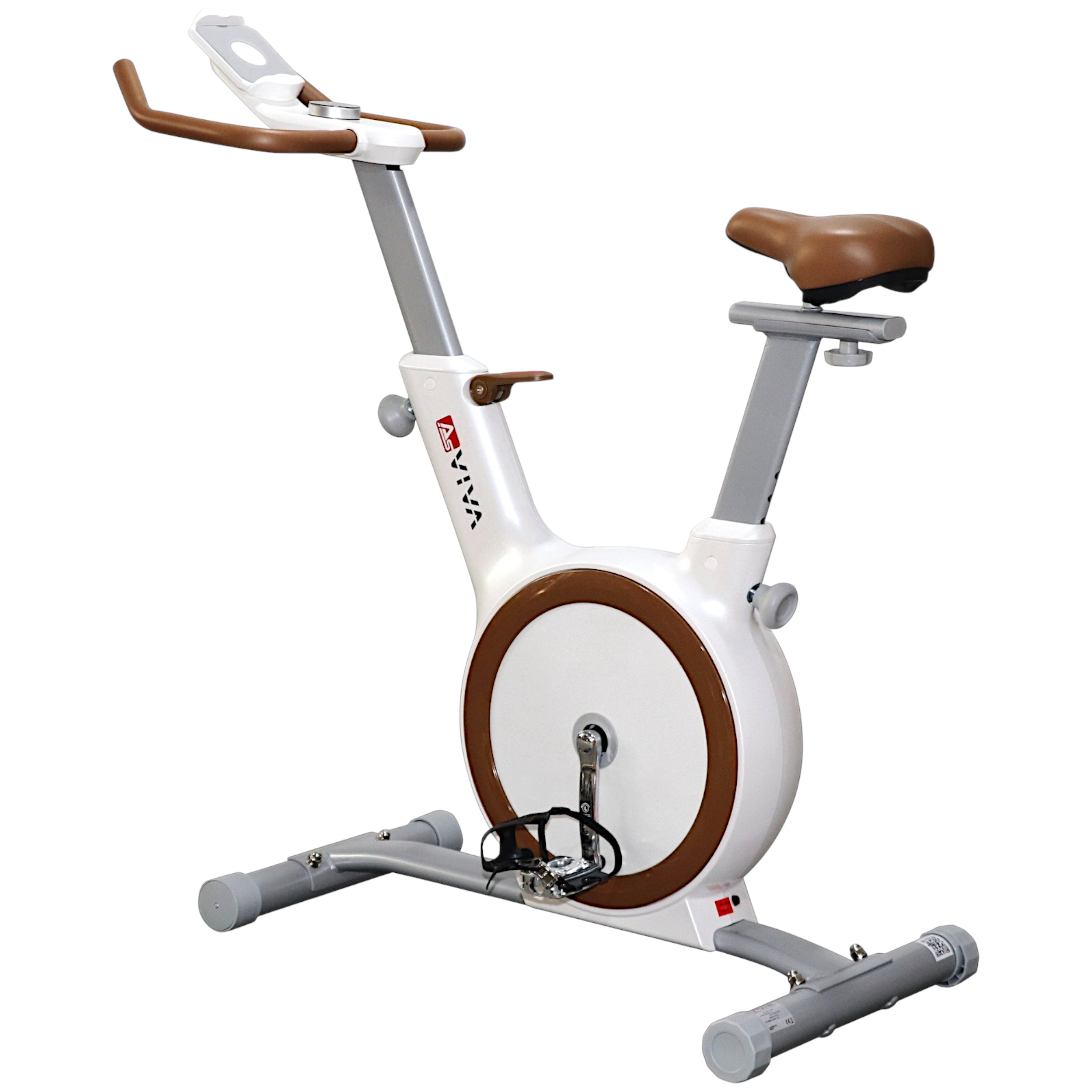 Stationäres Trainingsrad, weiß und braun, mit Sitz, Lenker und Pedalen. Die Marke ist Viva.