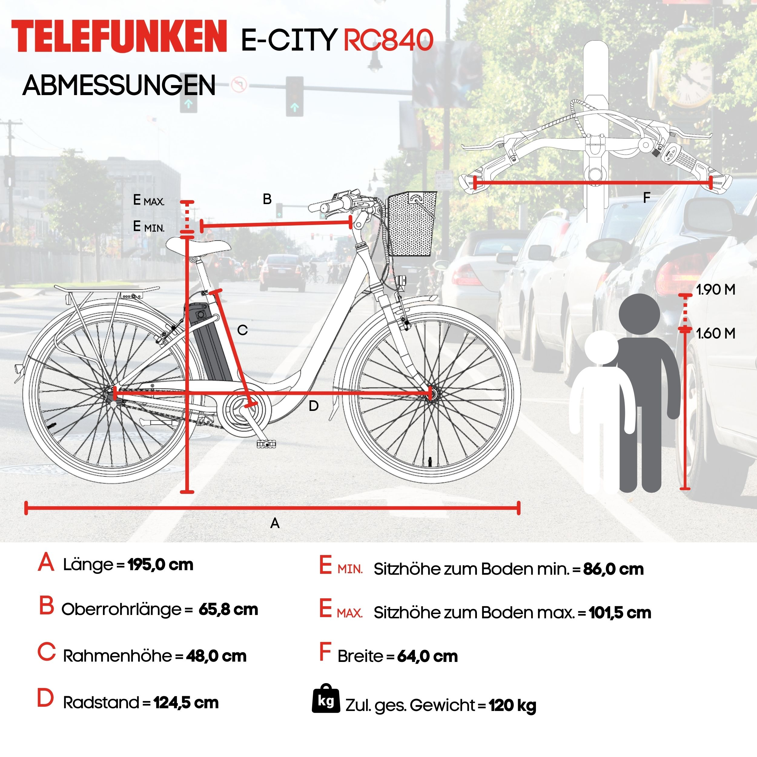 Diagramm eines Telefunken E-CITY RC840 E-Bikes mit Abmessungen. Ein Fahrrad wird mit Etiketten und Maßen in Zentimetern und Metern gezeigt.