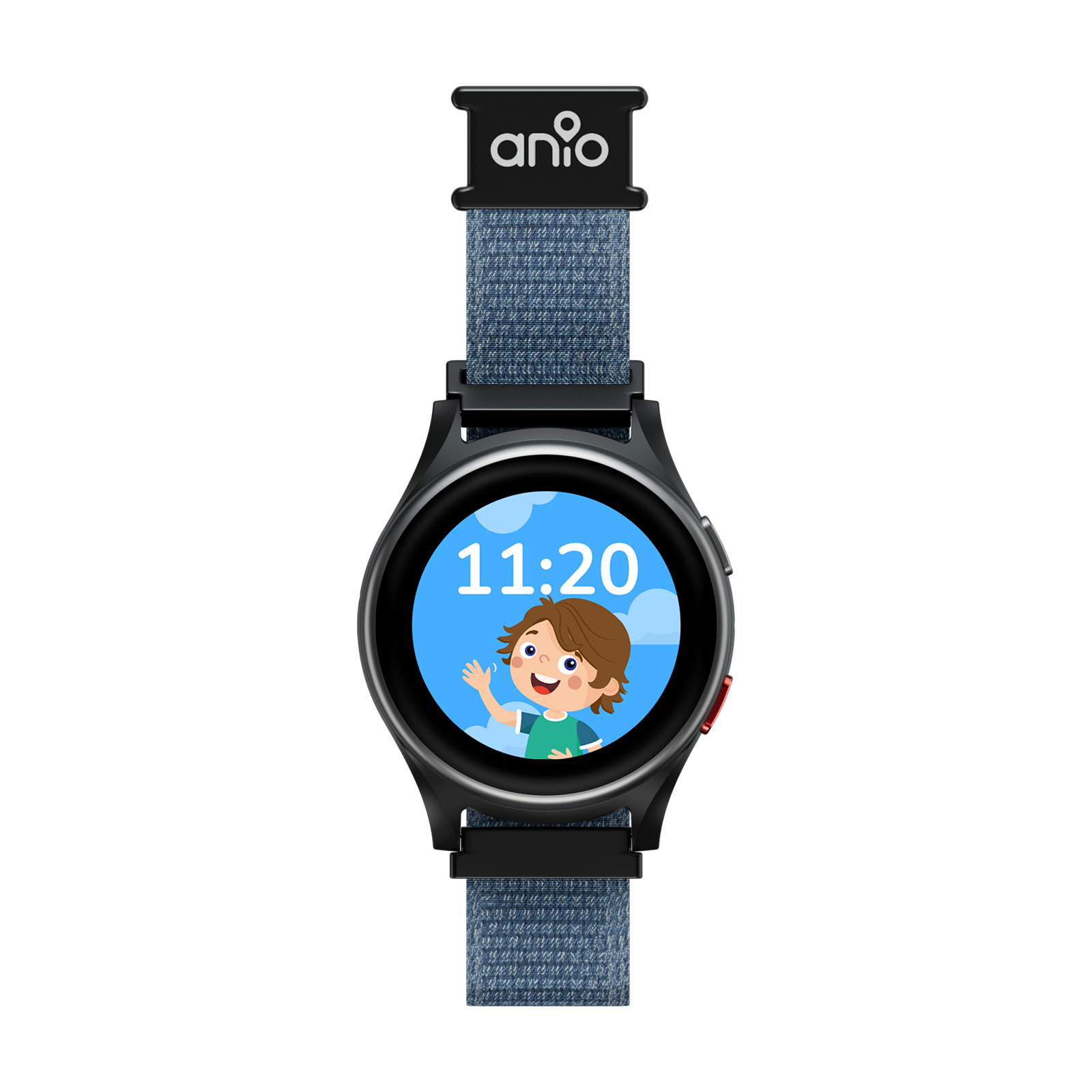 Uno smartwatch con cinturino in denim blu. Lo schermo mostra un bambino che saluta alle 11:20. L'orologio è nero con un pulsante rosso.
