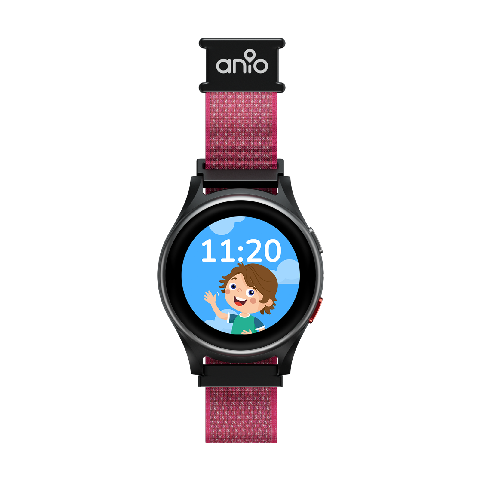 Uno smartwatch nero con cinturino rosa mostra le 11:20 e un bambino dei cartoni animati che saluta. Il cinturino ha il logo 'anio'.