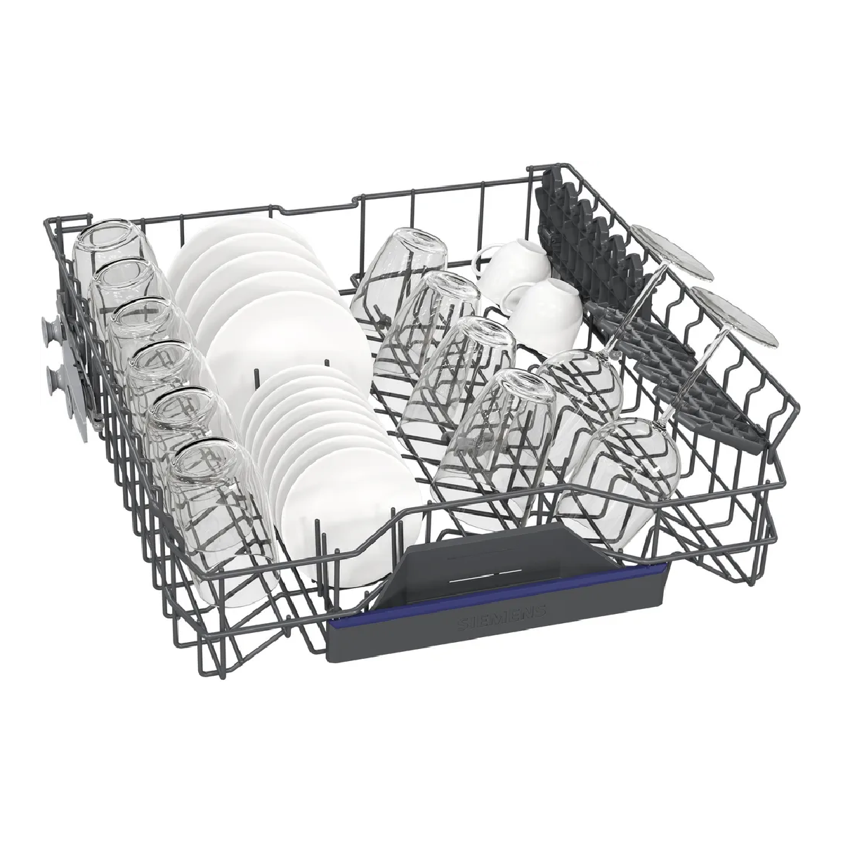 Stojak do zmywarki wypełniony białymi talerzami, szklankami i filiżankami. Stojak jest czarny i ma logo Siemens.