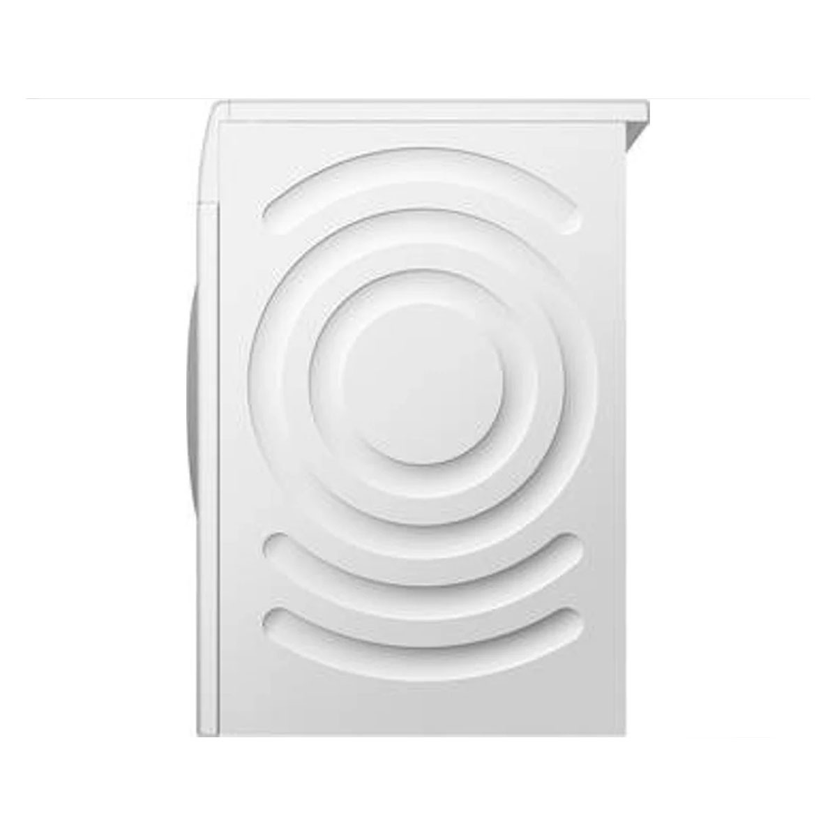 Biała pralka. Przód ma okrągły wzór ze współśrodkowymi okręgami. Maszyna jest widoczna z boku.