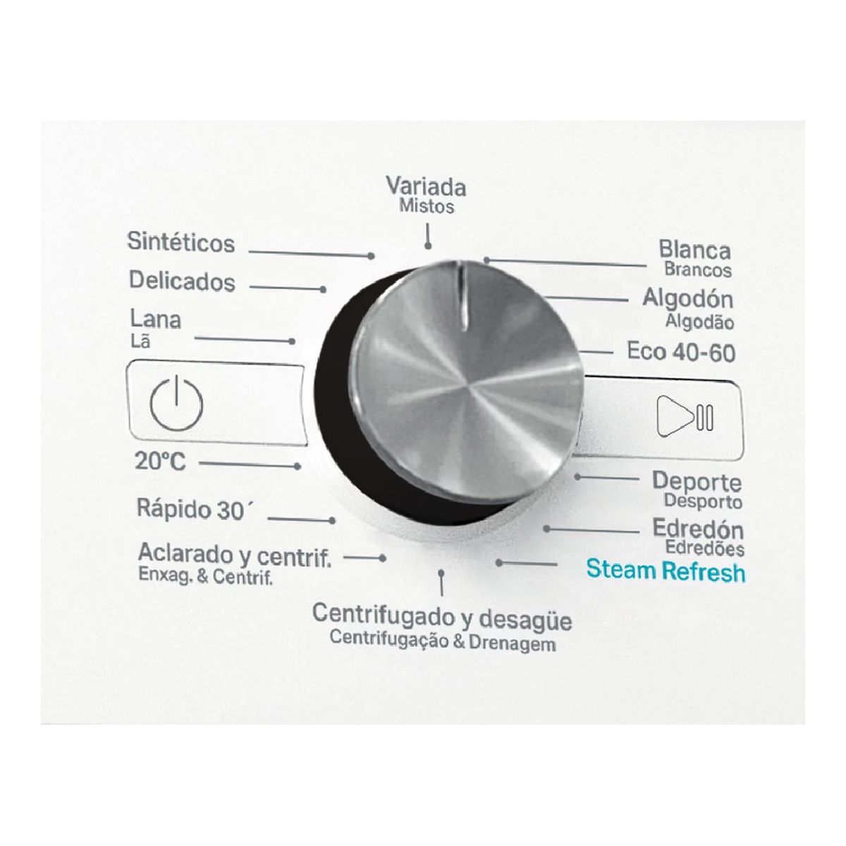 Primer plano del panel de control de una lavadora. Un dial plateado está rodeado de texto que indica ciclos de lavado como 'Algodón', 'Delicados' y 'Steam Refresh'.