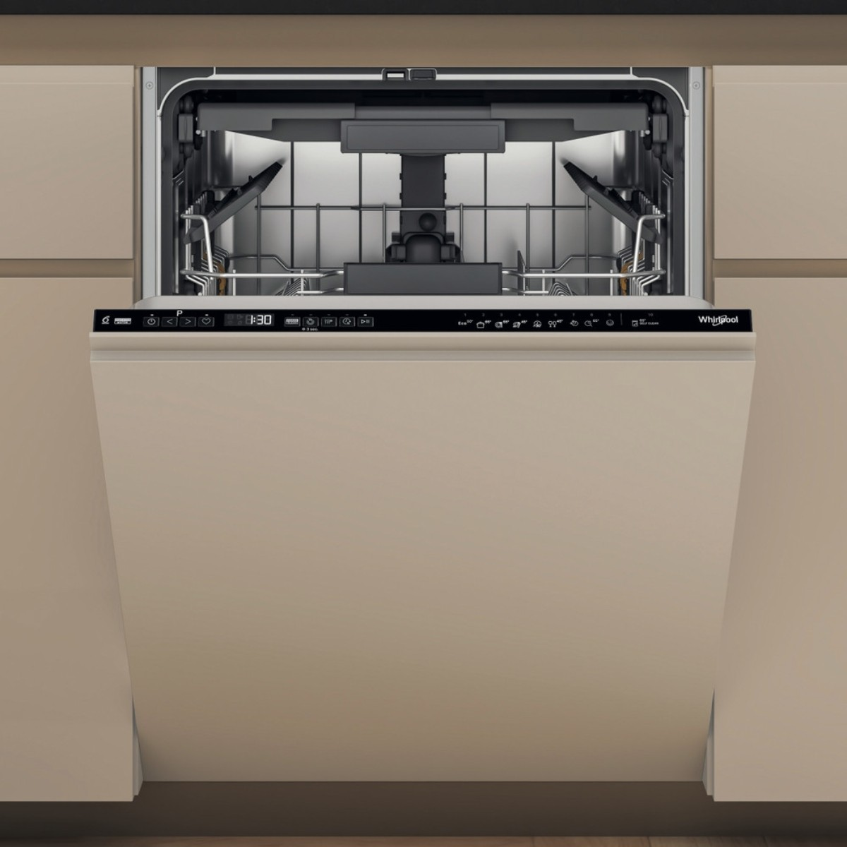 Eine offene Spülmaschine, beige Tür, schwarzes Bedienfeld mit Digitalanzeige und Whirlpool-Logo, umgeben von beigen Schränken.