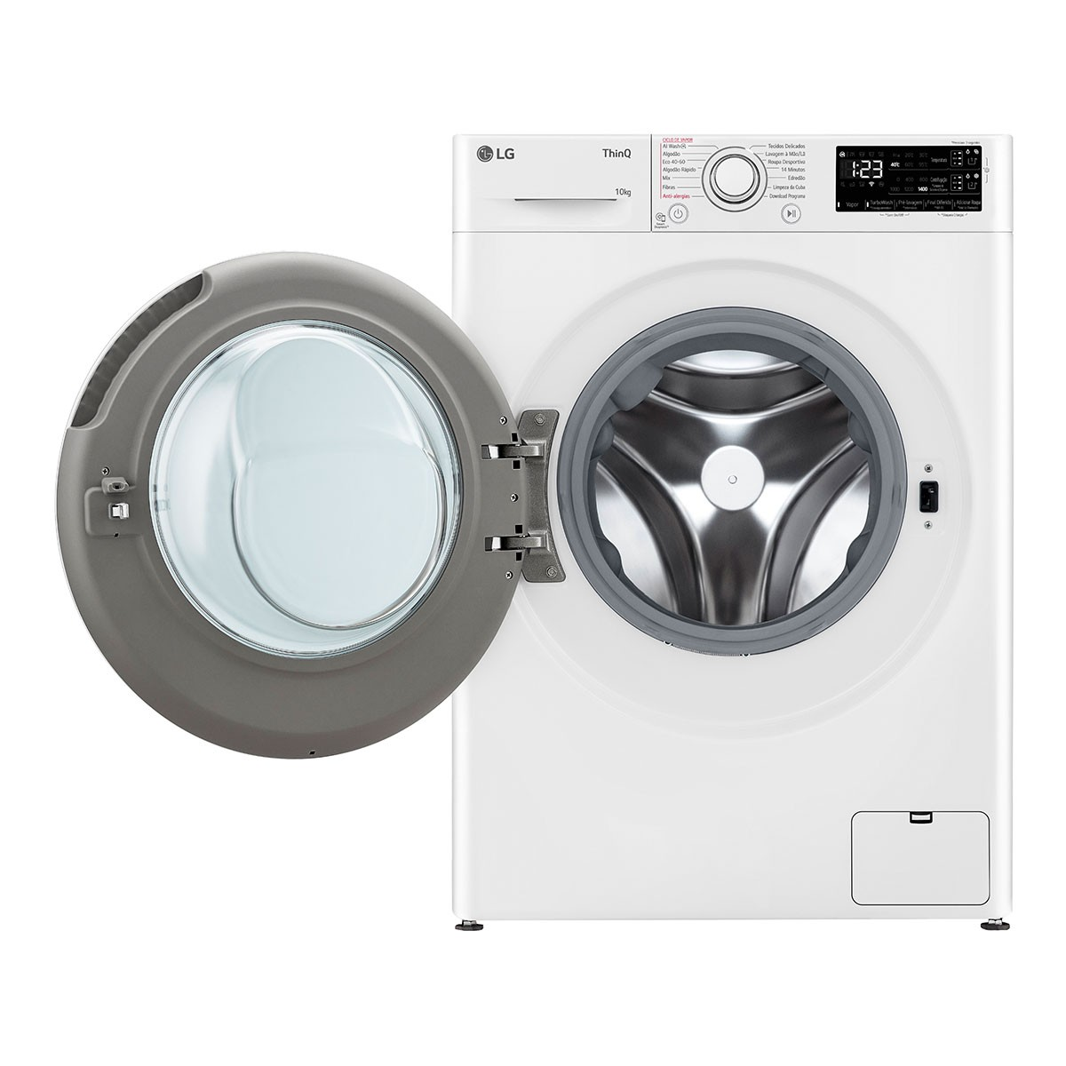 Una lavadora LG blanca con una puerta gris abierta. Una pantalla digital muestra la configuración. La máquina está sobre fondo blanco.