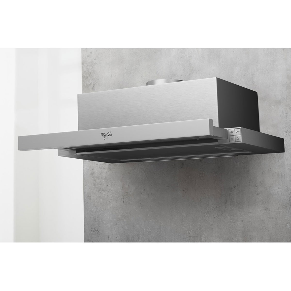 Campana extractora Whirlpool de acero inoxidable montada en pared de hormigón gris. Incluye botones de control y el logotipo de Whirlpool.