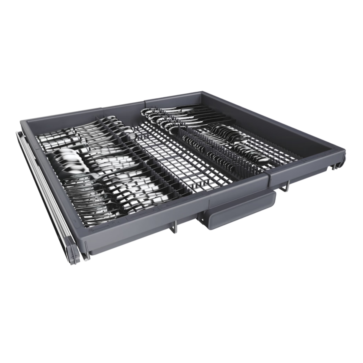 Un cajón gris de lavavajillas lleno de cubiertos, incluyendo tenedores, cucharas y cuchillos, dispuestos en compartimentos.