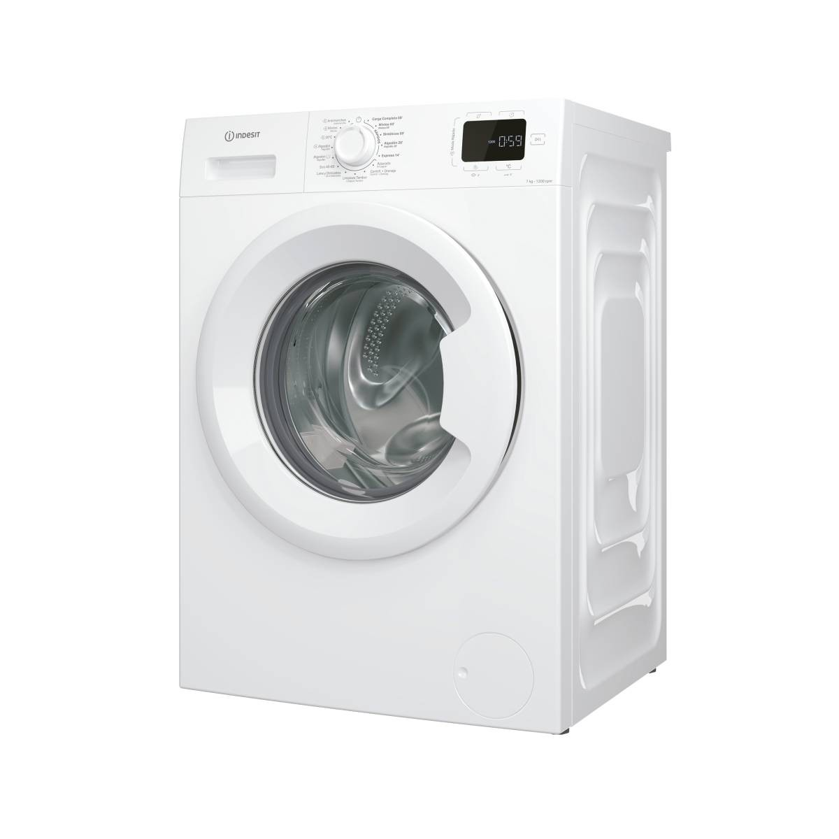 Una lavadora Indesit blanca. Tiene una puerta redonda, un panel de control y una pantalla digital que muestra '0:59'.