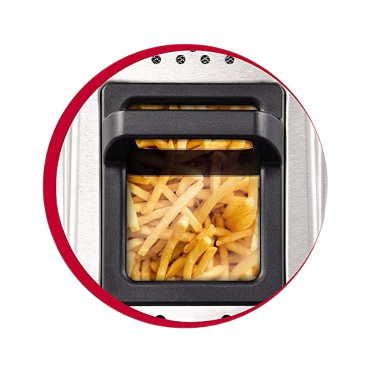 Close-up van een airfryer met een raam met goudbruine friet. De fryer heeft een zwarte handgreep en is omlijst door een rode cirkel.