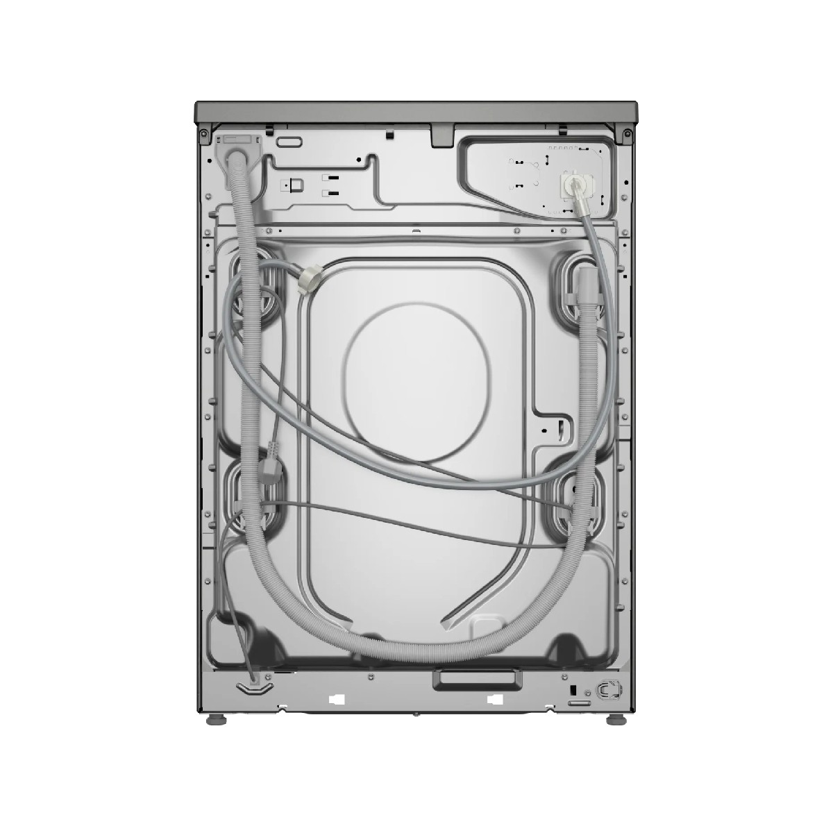 Rear view of a washing machine. Visible are hoses, wires, and a metallic back panel with a central circular opening.