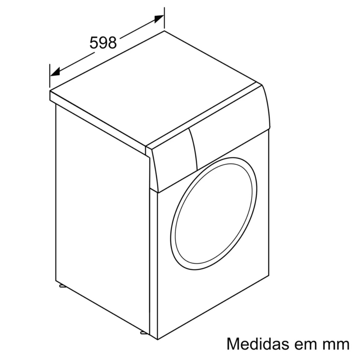 Isometric line drawing of a washing machine with dimensions marked at the top. The text 'Medidas em mm' is at the bottom.