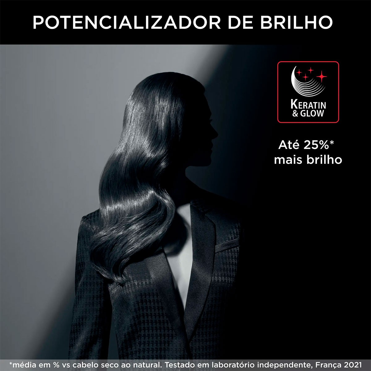 Silhouette einer Frau mit glänzendem Haar, trägt einen Blazer. Text: 'POTENCIALIZADOR DE BRILHO' und 'KERATIN & GLOW'.