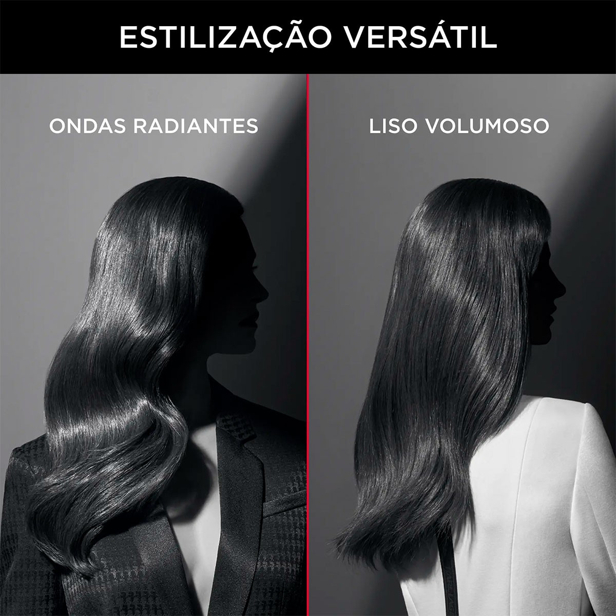 Zwei Frauenprofile zeigen Frisuren. Eine mit welligem Haar, die andere mit glattem Haar. Beide sind monochrom und tragen Jacken.