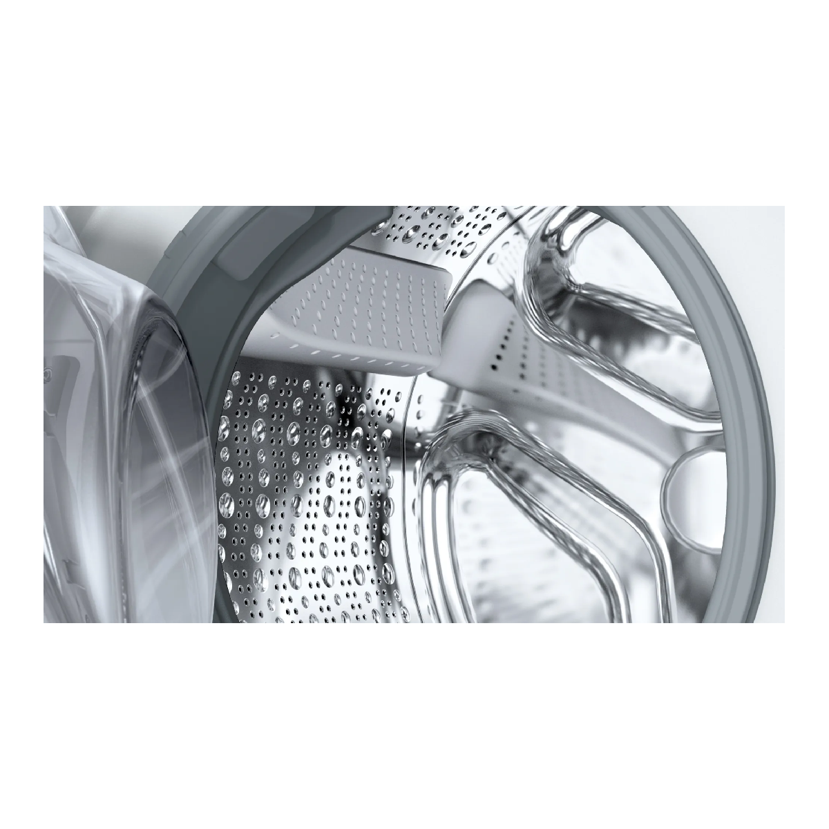 Wnętrze bębna pralki. Bęben ze stali nierdzewnej z kroplami wody. Szara uszczelka gumowa i części dozownika detergentu.