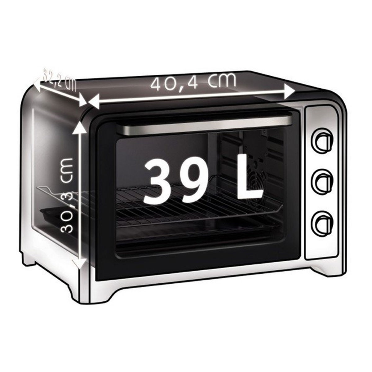 Un forno bianco e nero con dimensioni: 40,4 cm di larghezza, 30,3 cm di altezza e 32,2 cm di profondità. Ha una capacità di 39 L.