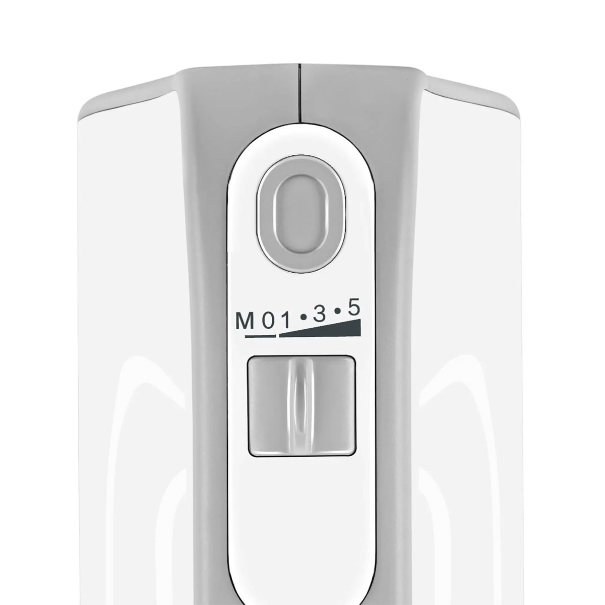 A close-up of a white and gray appliance control panel. It features an oval button, a dial with numbers, and a slider switch below.