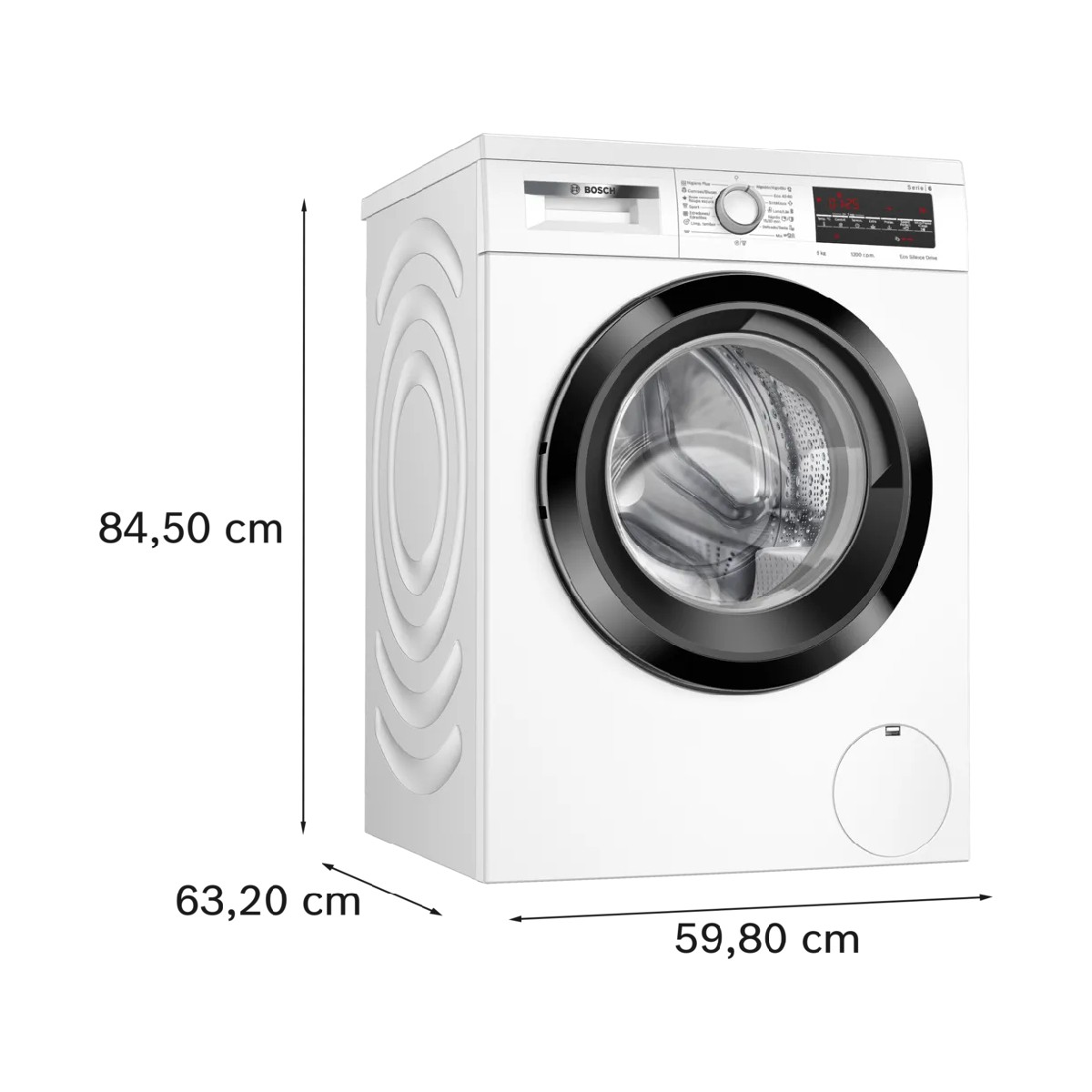 Una lavadora Bosch blanca con detalles negros. Dimensiones: 84,50 cm alto, 63,20 cm profundo, 59,80 cm ancho. Controles arriba.