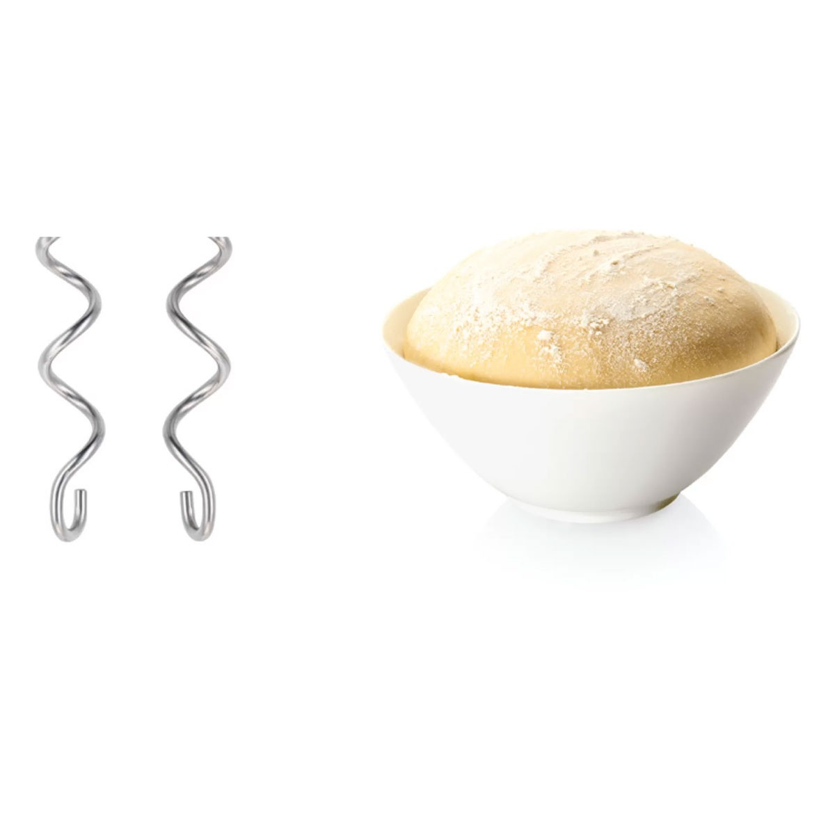 Two spiral dough hooks and a bowl filled with dough dusted with flour, on a white background.
