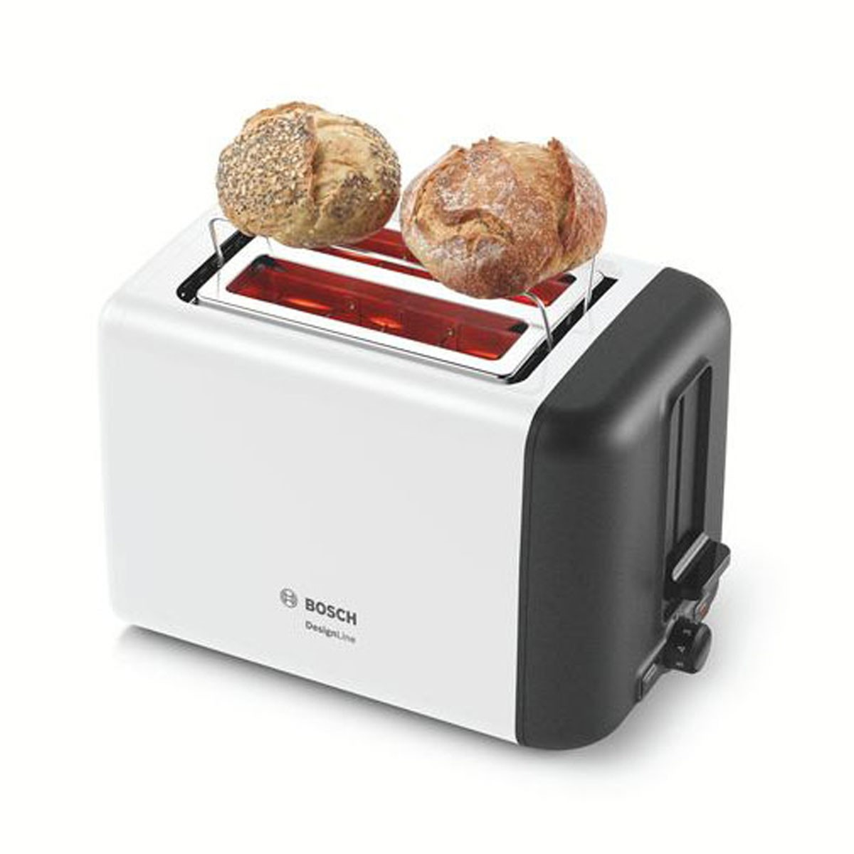 Ein weißer Bosch-Toaster mit zwei gerösteten Brötchen oben drauf. Der Toaster hat eine schwarze Seite und das Bosch-Logo ist sichtbar.