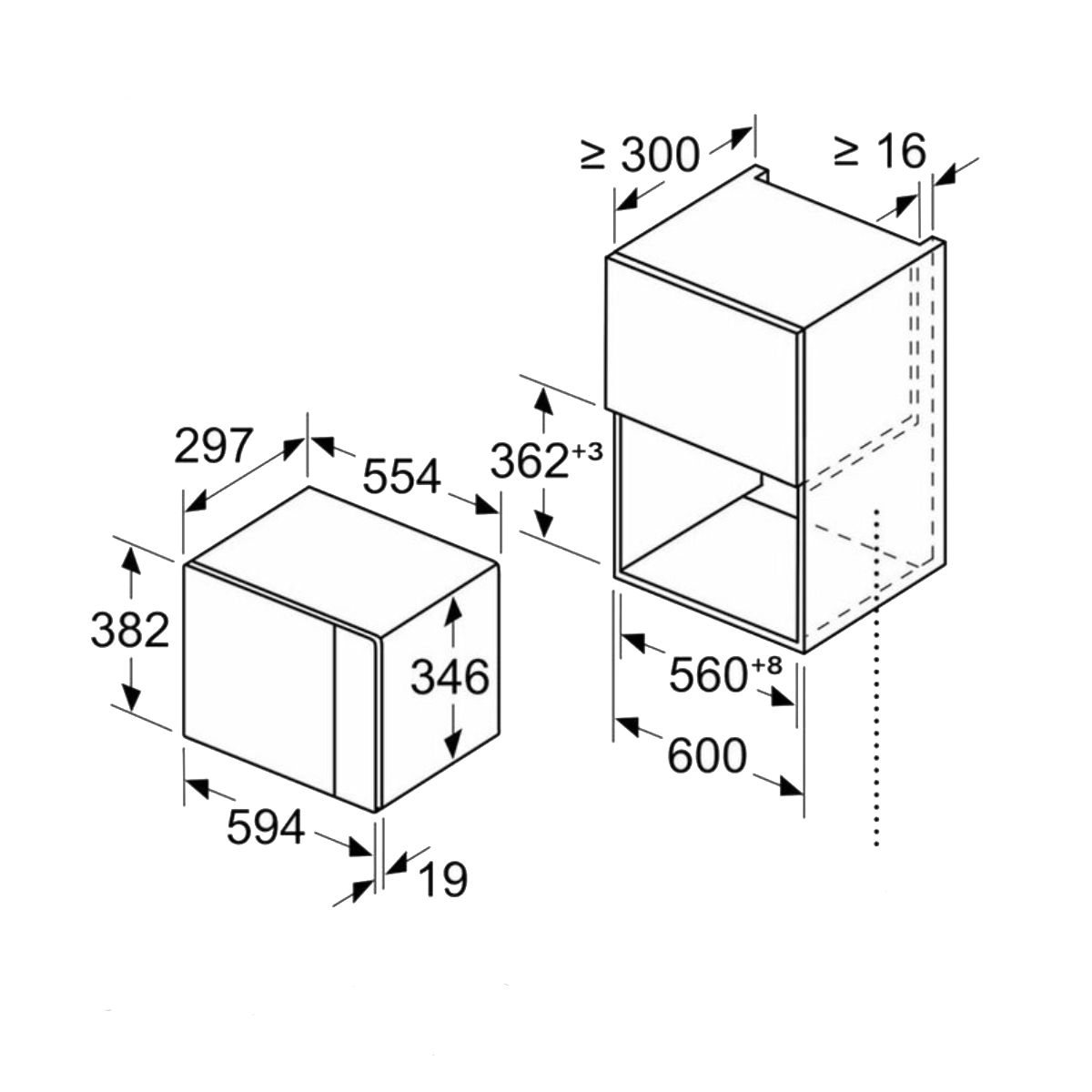 Diagram przedstawiający wymiary dwóch prostokątnych obiektów, z oznaczeniami. Jeden obiekt ma wymiary 594x382x346 mm.