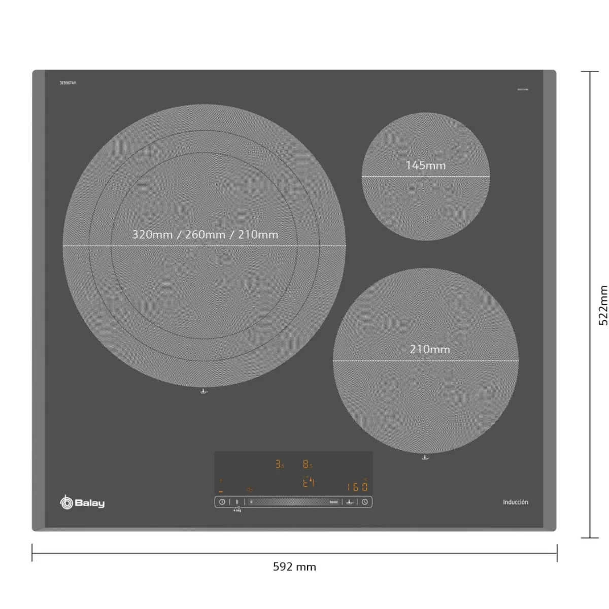 Czarna płyta indukcyjna Balay z trzema strefami gotowania o różnych rozmiarach, wymiary opisane. Wyświetlacz cyfrowy i panel sterowania widoczne.