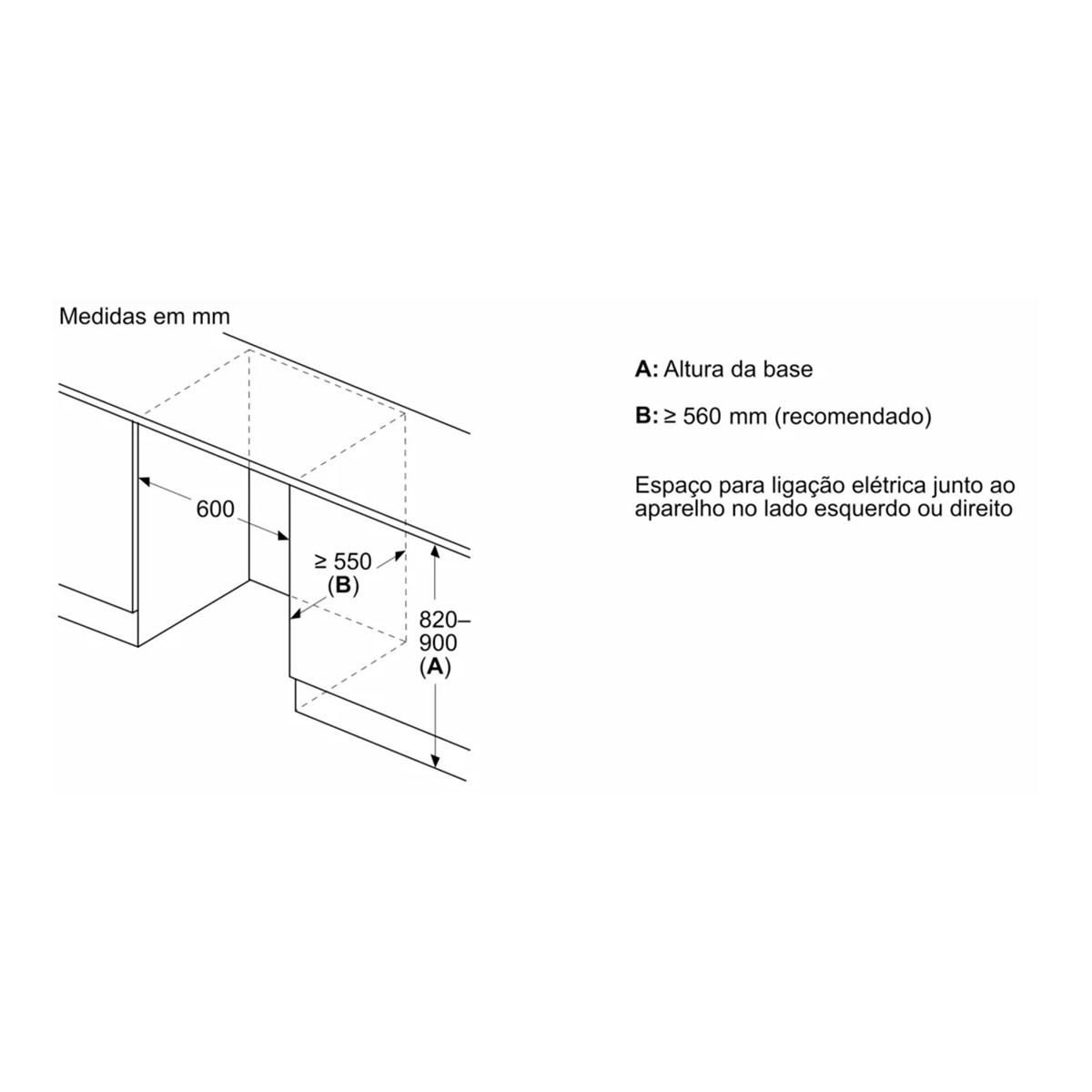 Diagram with dimensions in mm. Shows height (A) 820-900mm, and B ≥ 560 mm. Text about electrical connection space.