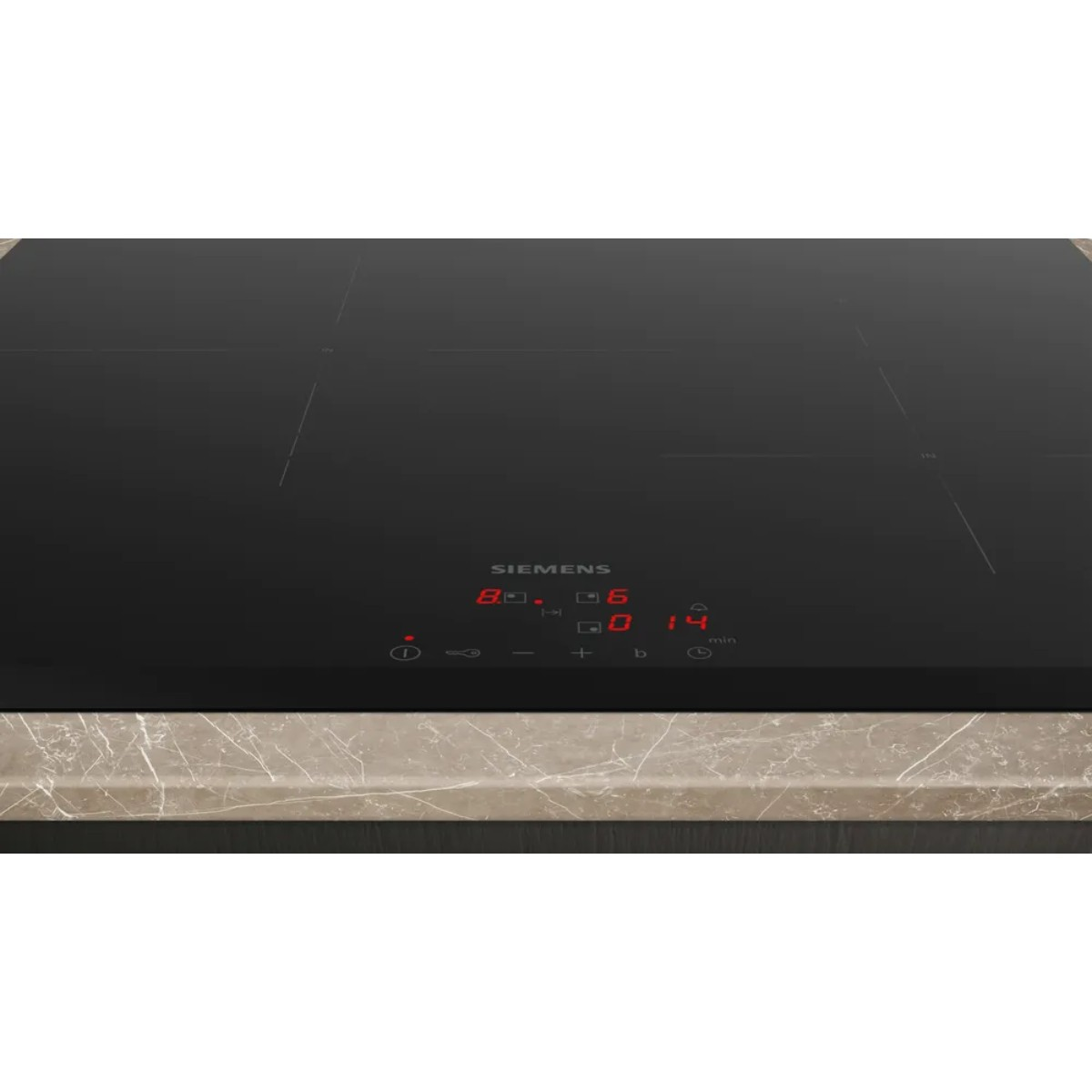 Czarna płyta indukcyjna Siemens z czerwonym wyświetlaczem cyfrowym pokazującym cyfry. Płyta znajduje się na beżowym blacie.