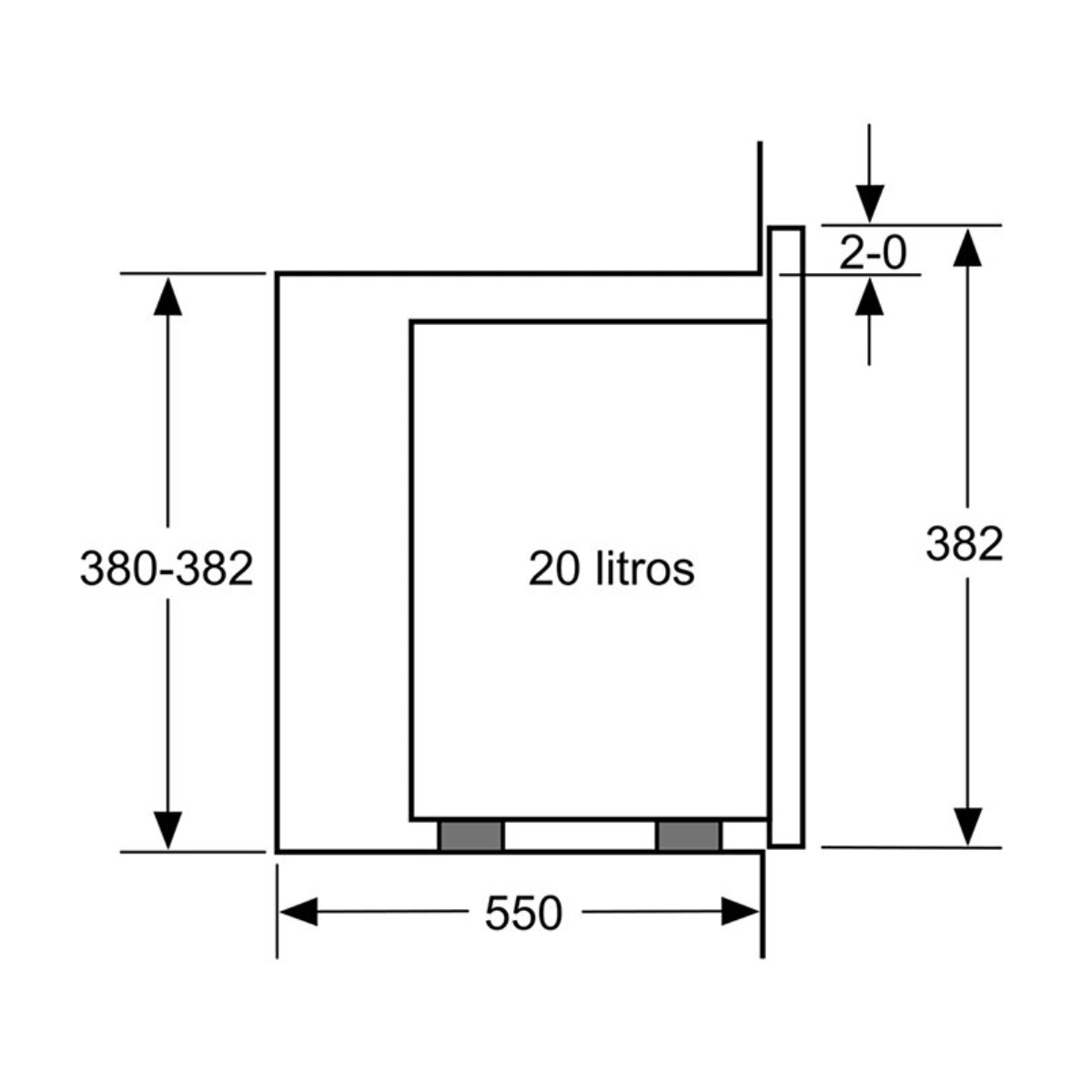 Diagramma di un oggetto rettangolare con l'etichetta '20 litros'. Dimensioni indicate: 380-382, 382, 550 e 2-0.