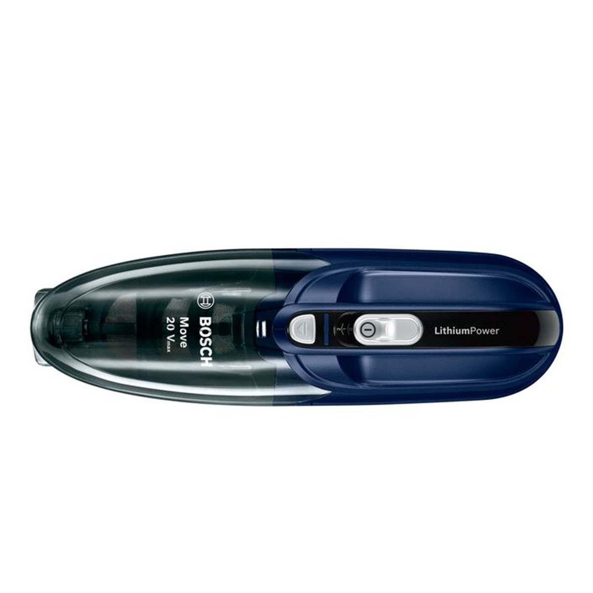 Una aspiradora de mano Bosch Move 20 Vmax azul y negra, LithiumPower, sobre un fondo blanco.