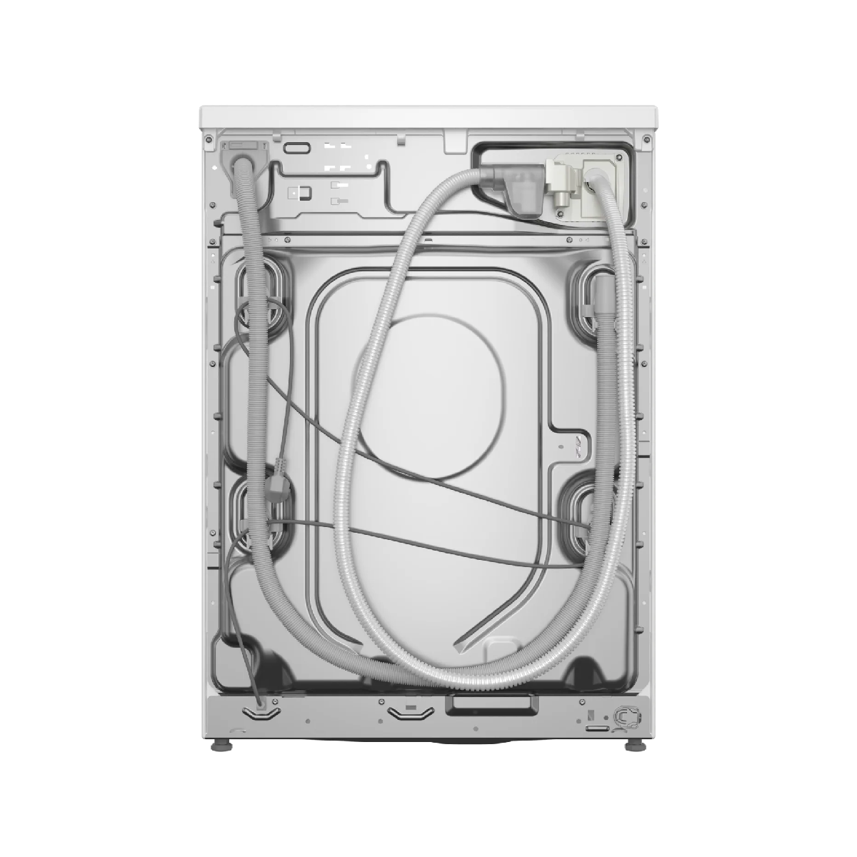 Rückansicht einer Waschmaschine. Graue Schläuche und Drähte sind mit der Metallrückwand verbunden.
