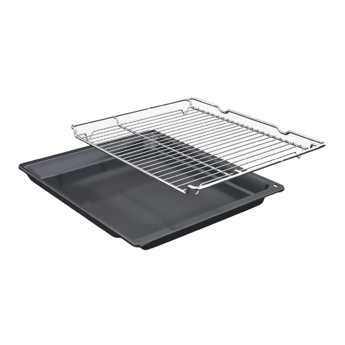 Tacka do piekarnika z drucianym rusztem nad nią. Taca jest ciemnoszara i prostokątna. Ruszt jest ze srebrnego drutu.