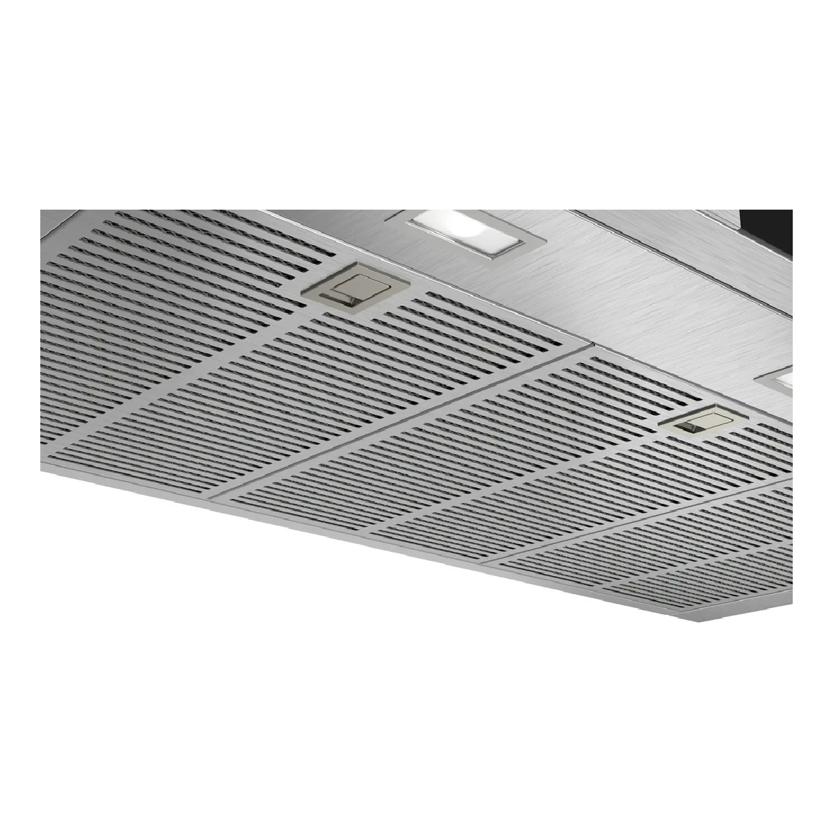 Zbliżenie okapu ze stali nierdzewnej. Ma wzór kratki, światła i prostokątne przyciski sterowania.