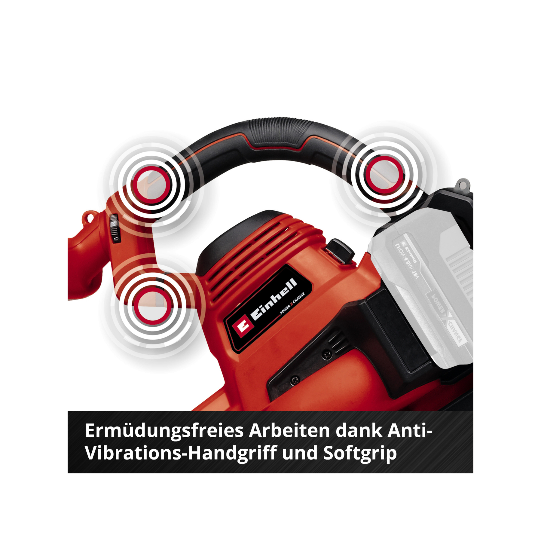 Rotes und schwarzes Elektrowerkzeug mit Griff und Akku. Der Griff hat eine Vibrationsdämpfung. Die Marke ist Einhell.