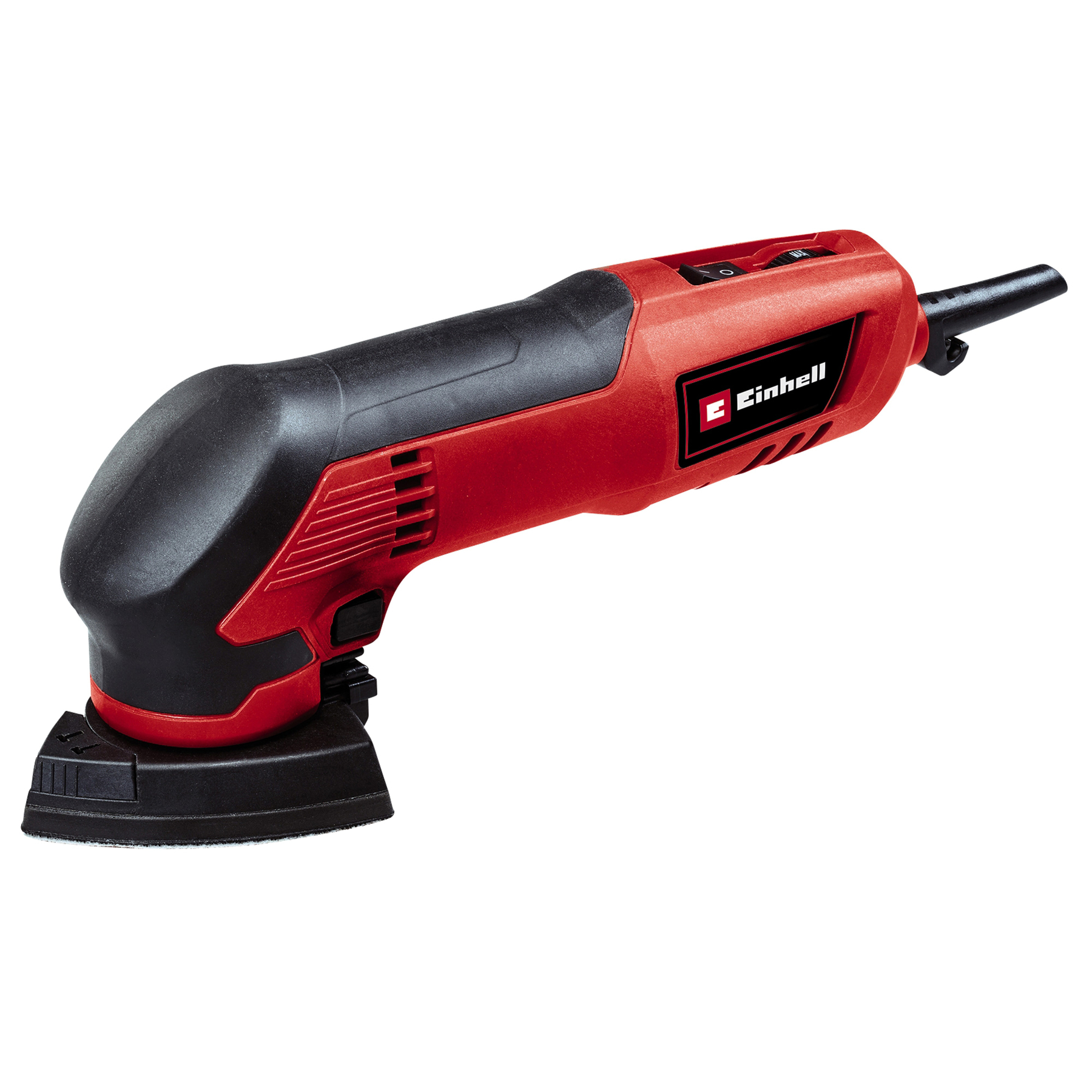Rotes und schwarzes Einhell-Multitool. Es hat einen schwarzen Griff, und der Hauptkörper ist rot. Das Werkzeug steht vor weißem Hintergrund.