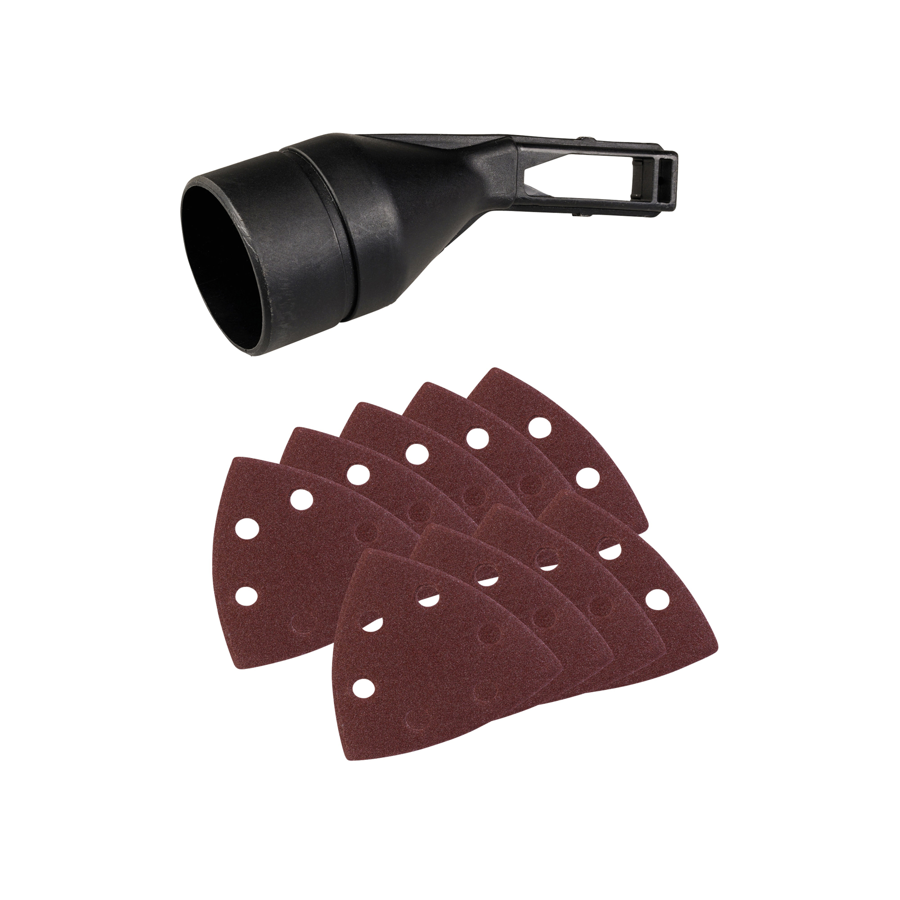 Schwarzer Schleifmaschinenaufsatz und braune Schleifpads mit Löchern auf weißem Hintergrund. Die Pads sind fächerförmig.