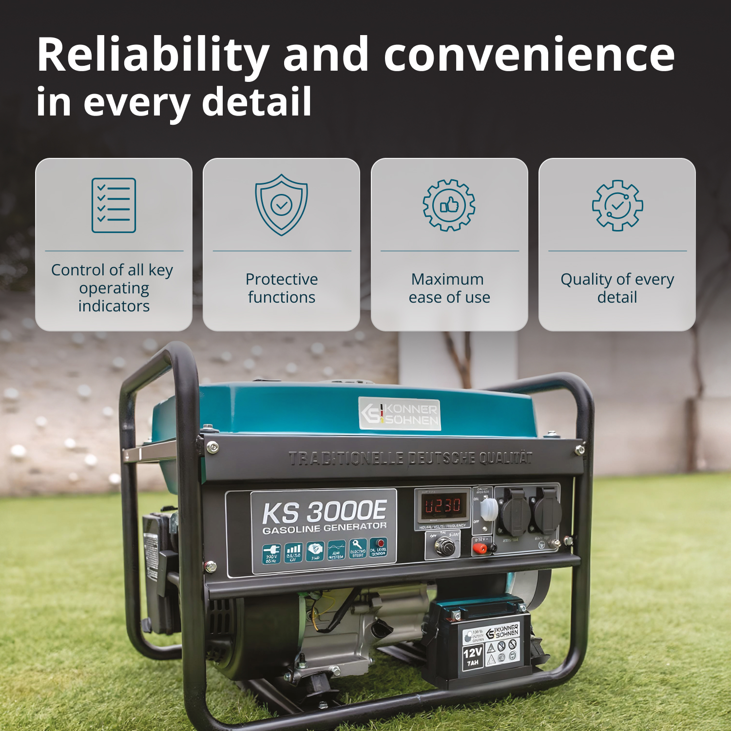 Generator na trawie z nakładką tekstową. Posiada wskaźniki kontrolne, funkcje ochronne, łatwość obsługi i szczegóły jakości.