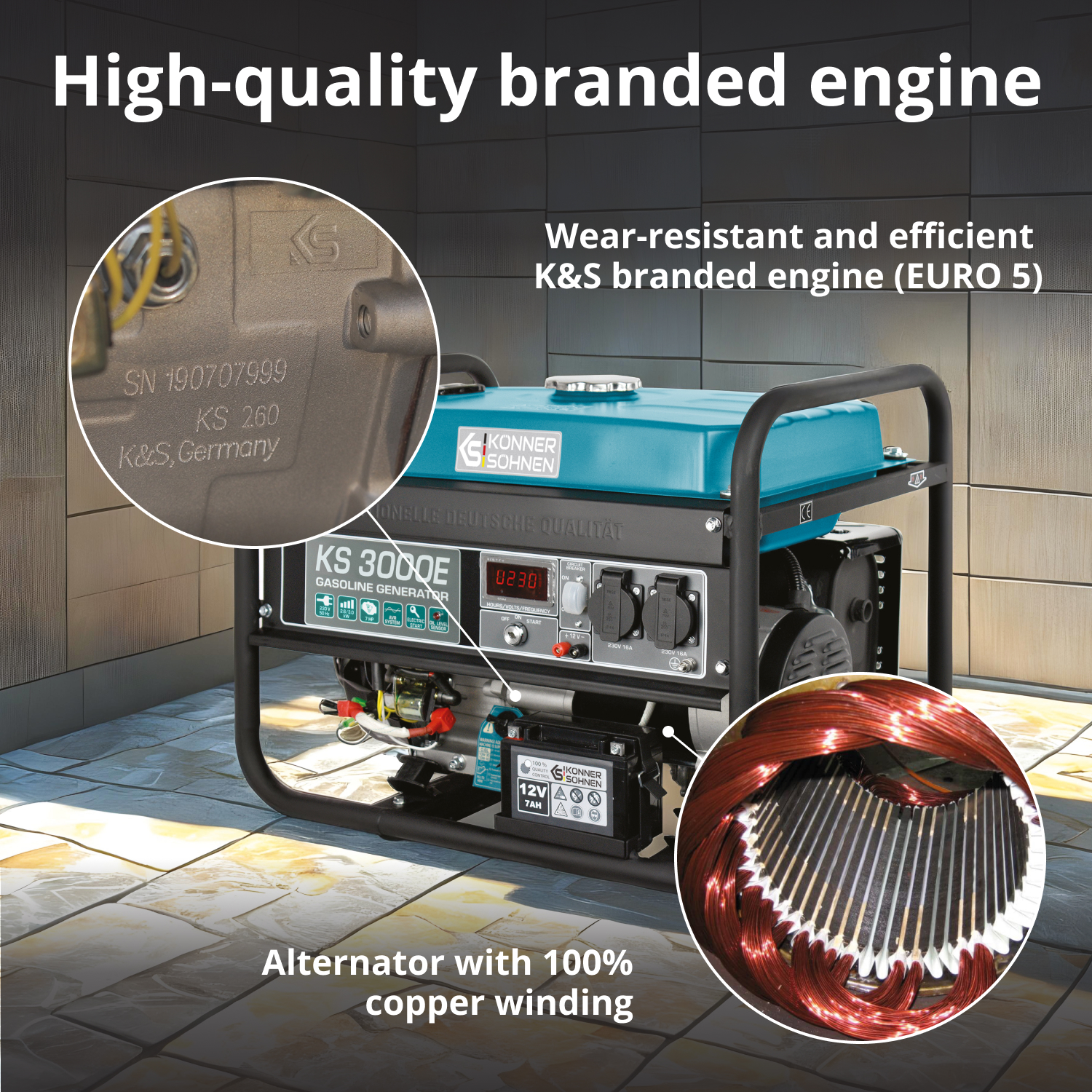 Agregat benzynowy ze szczegółami tekstowymi, zbliżeniem uzwojenia miedzianego i powiększoną częścią silnika. Marka to KS, z niebieskim zbiornikiem paliwa.