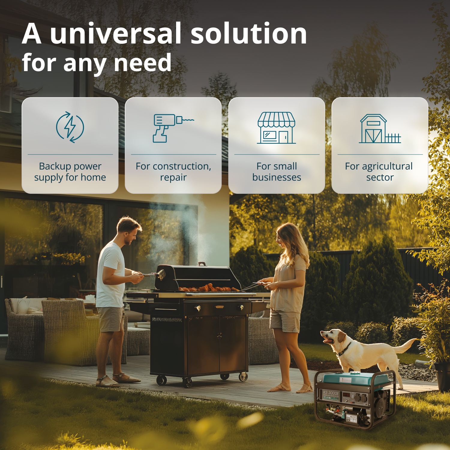Para grilluje na tarasie, pies i generator na podwórku, z tekstem: Uniwersalne rozwiązanie dla każdej potrzeby.