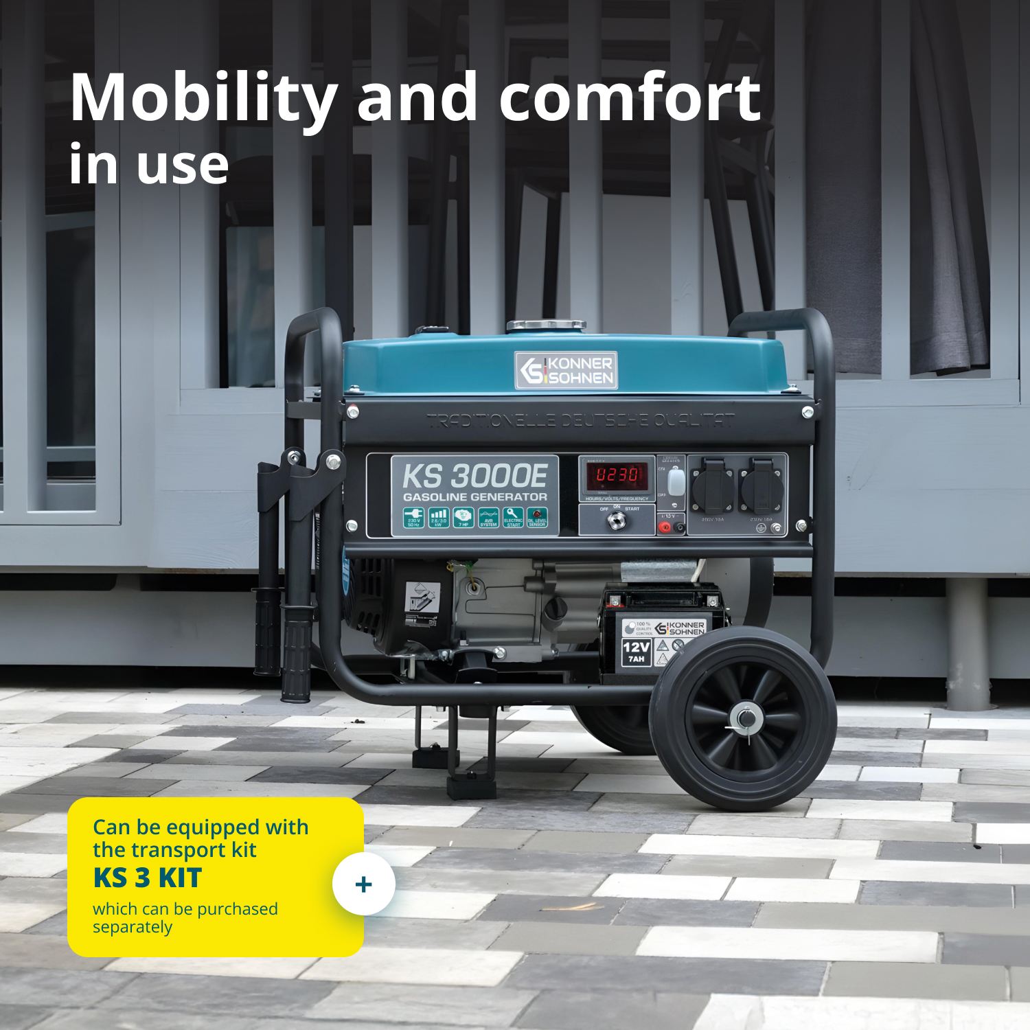 Niebiesko-czarny generator z kołami na kafelkowanej powierzchni. Tekst brzmi: "Mobilność i komfort użytkowania" oraz "KS 3 KIT".