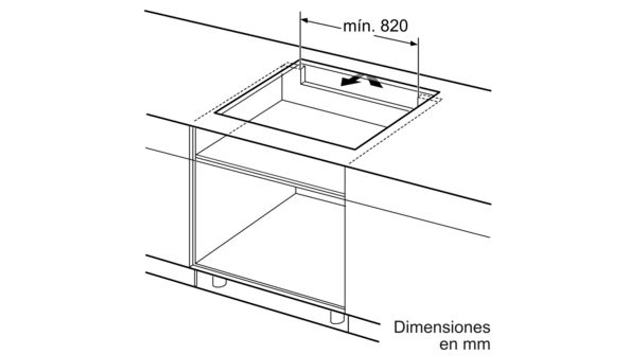 Schemat wycięcia pod płytę grzewczą, min. 820 mm, z wymiarami w mm. Strzałki wskazują kierunek. Widoczne szczegóły szafki.