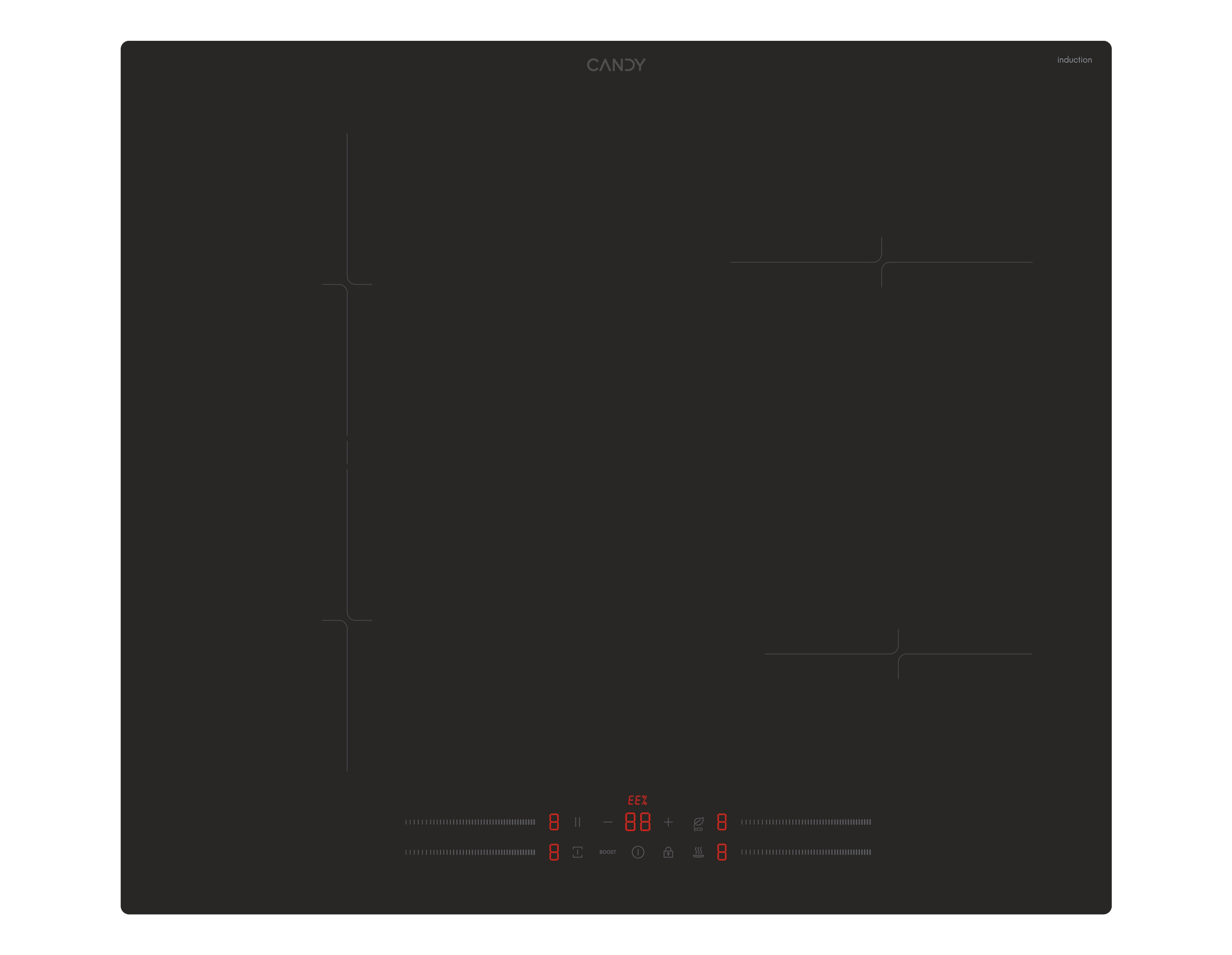 Piano cottura a induzione nero con quattro zone cottura, display digitale rosso e logo Candy. Con indicatori di potenza e sicurezza.