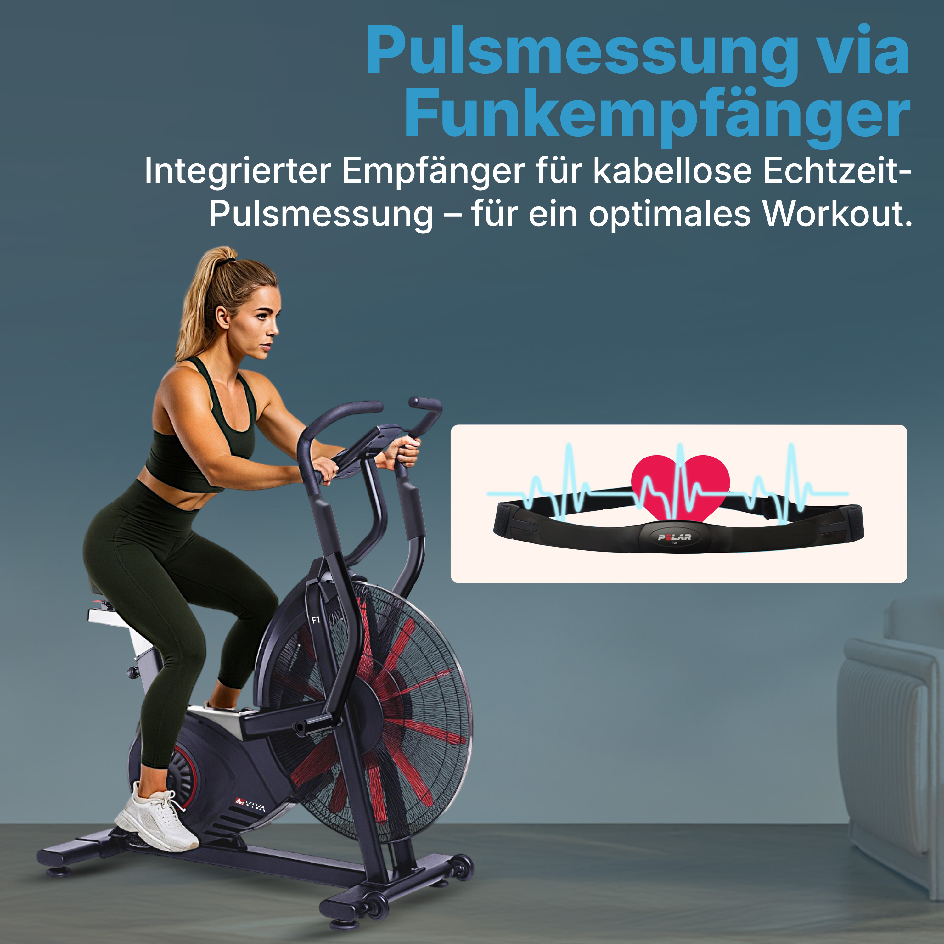 Frau trainiert auf einem Heimtrainer. Ein Herzfrequenzmesser wird angezeigt. Der Hintergrund ist ein Studio.