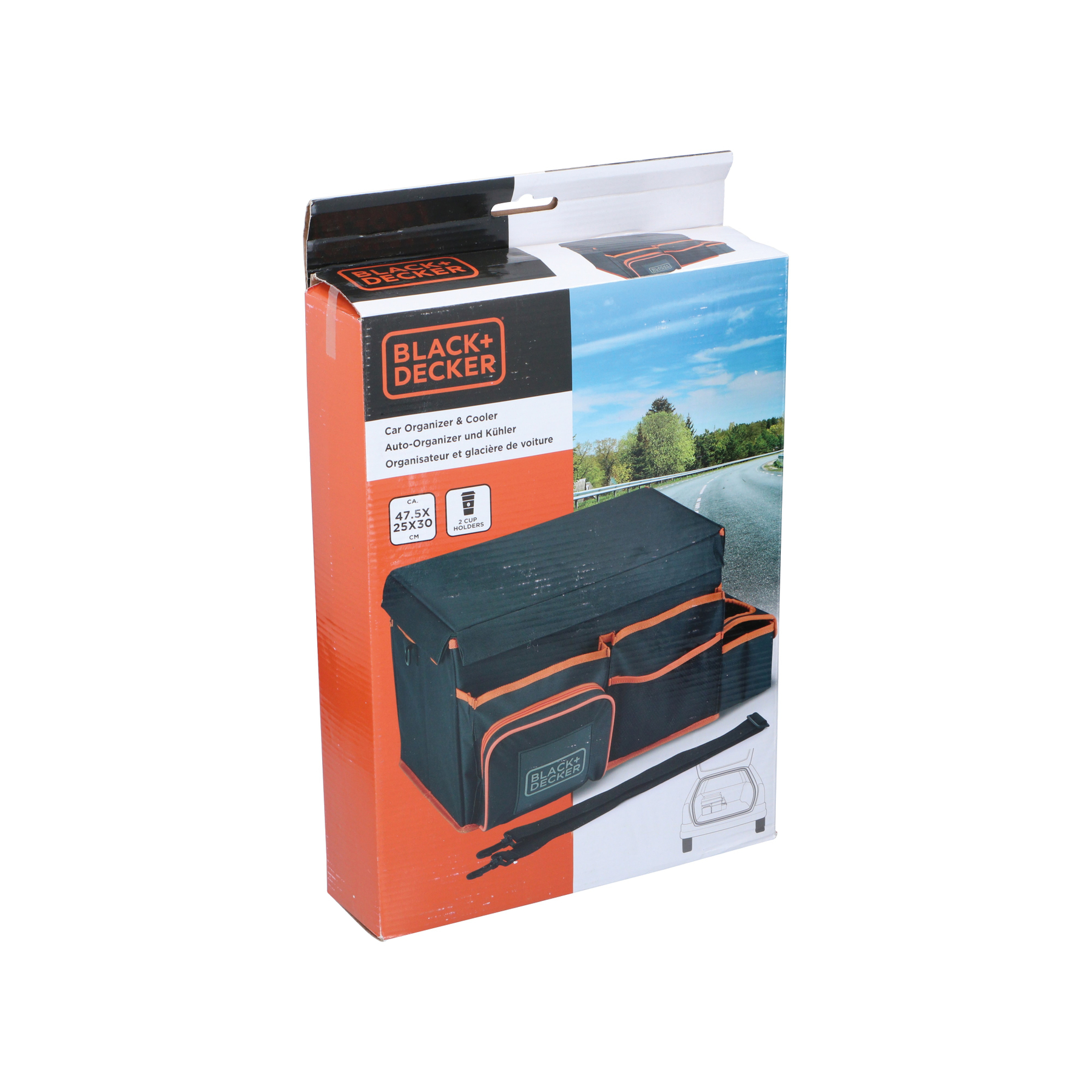Black+Decker auto-organizer doos. Zwart met oranje afwerking. Tekst: Car Organizer & Cooler. Achtergrond toont een weg.