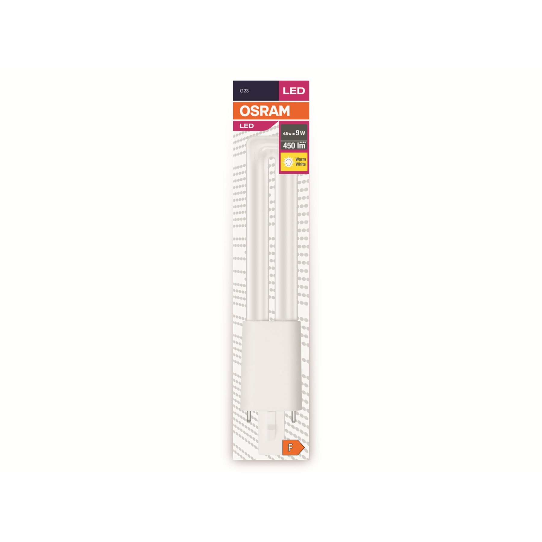 Eine Osram LED-Glühbirnenverpackung. Die Glühbirne ist weiß, mit einem G23-Sockel. Die Verpackung zeigt die Details der Glühbirne.