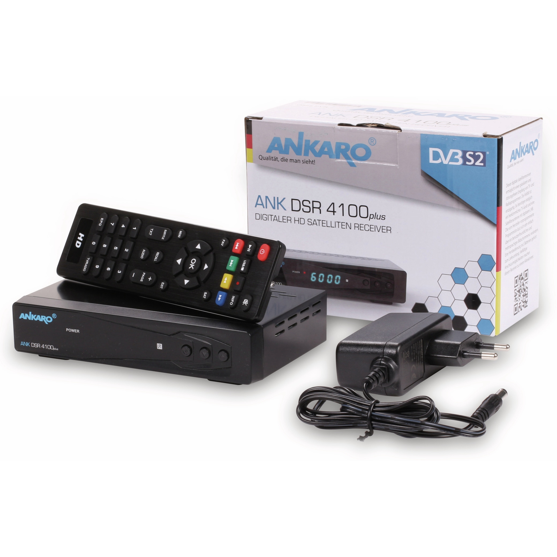 Schwarzer Satellitenreceiver mit Fernbedienung, Netzteil und Box. Text auf der Box: ANK DSR 4100plus.