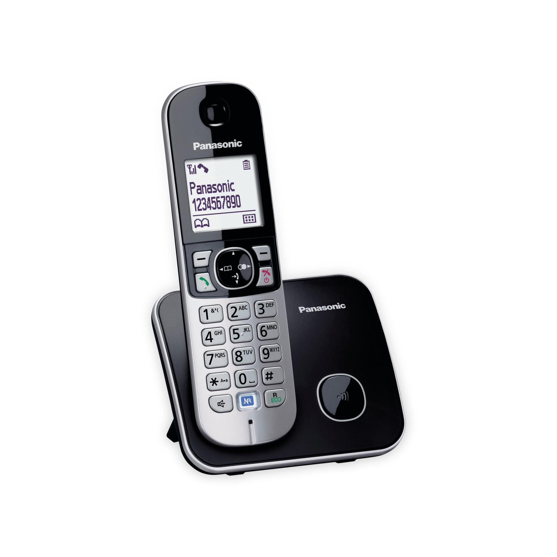 Czarno-srebrny telefon bezprzewodowy Panasonic na czarnej podstawie. Telefon wyświetla numery i logo Panasonic.