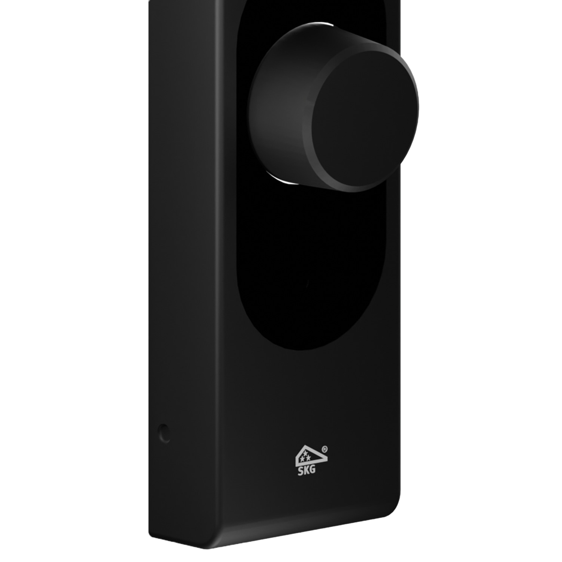 A black door lock with a cylindrical handle. The lock has a rounded design and features the SKG logo.