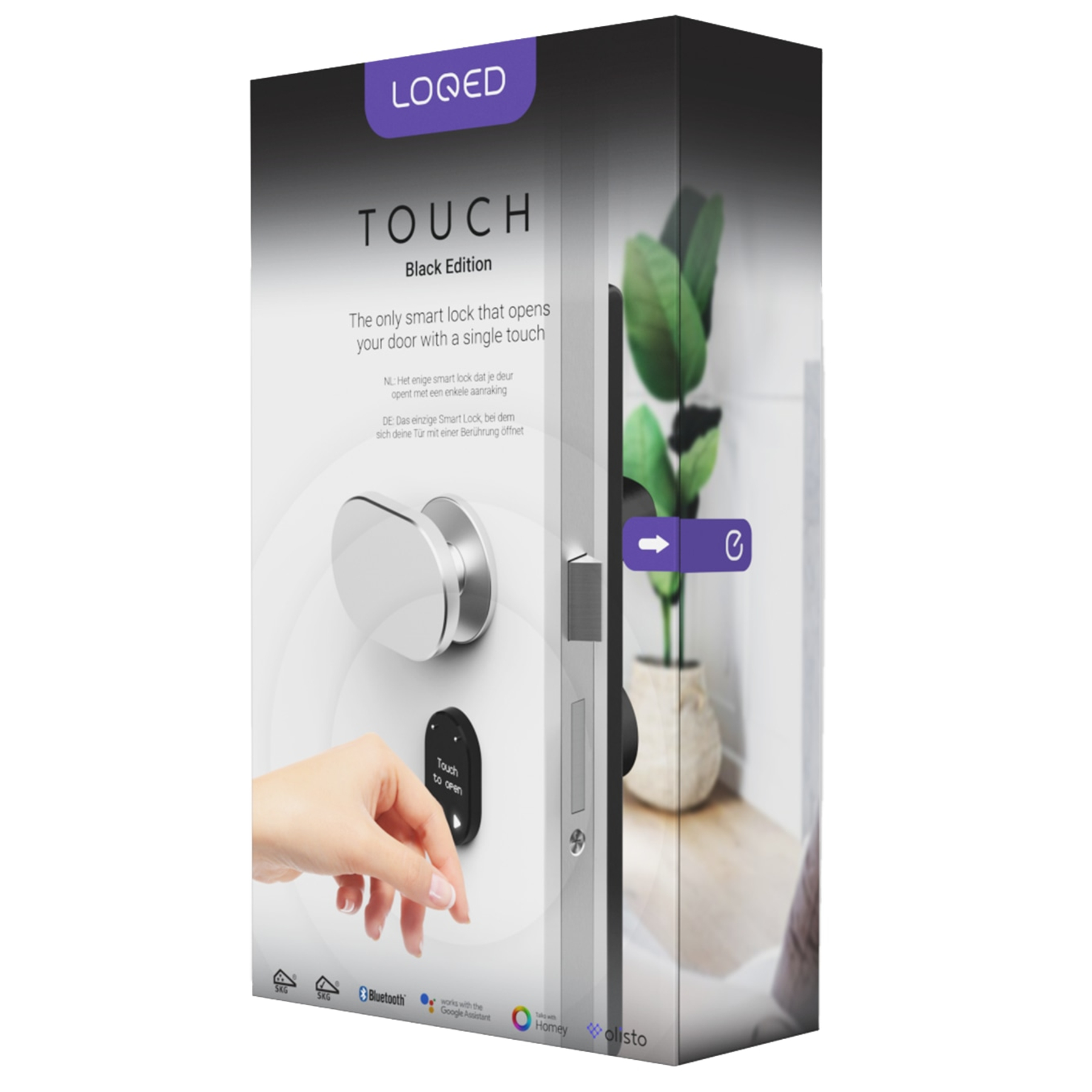 A smart lock product box. Shows a door, a hand touching the lock, and the text 'Touch to open' alongside the brand name.