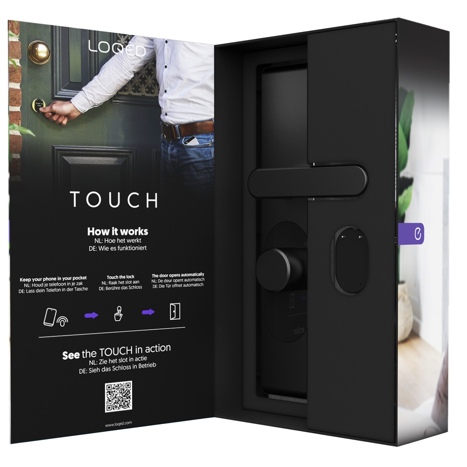 Black smart lock in a box. The box shows a person touching a door lock. Text says 'TOUCH' and 'How it works'.